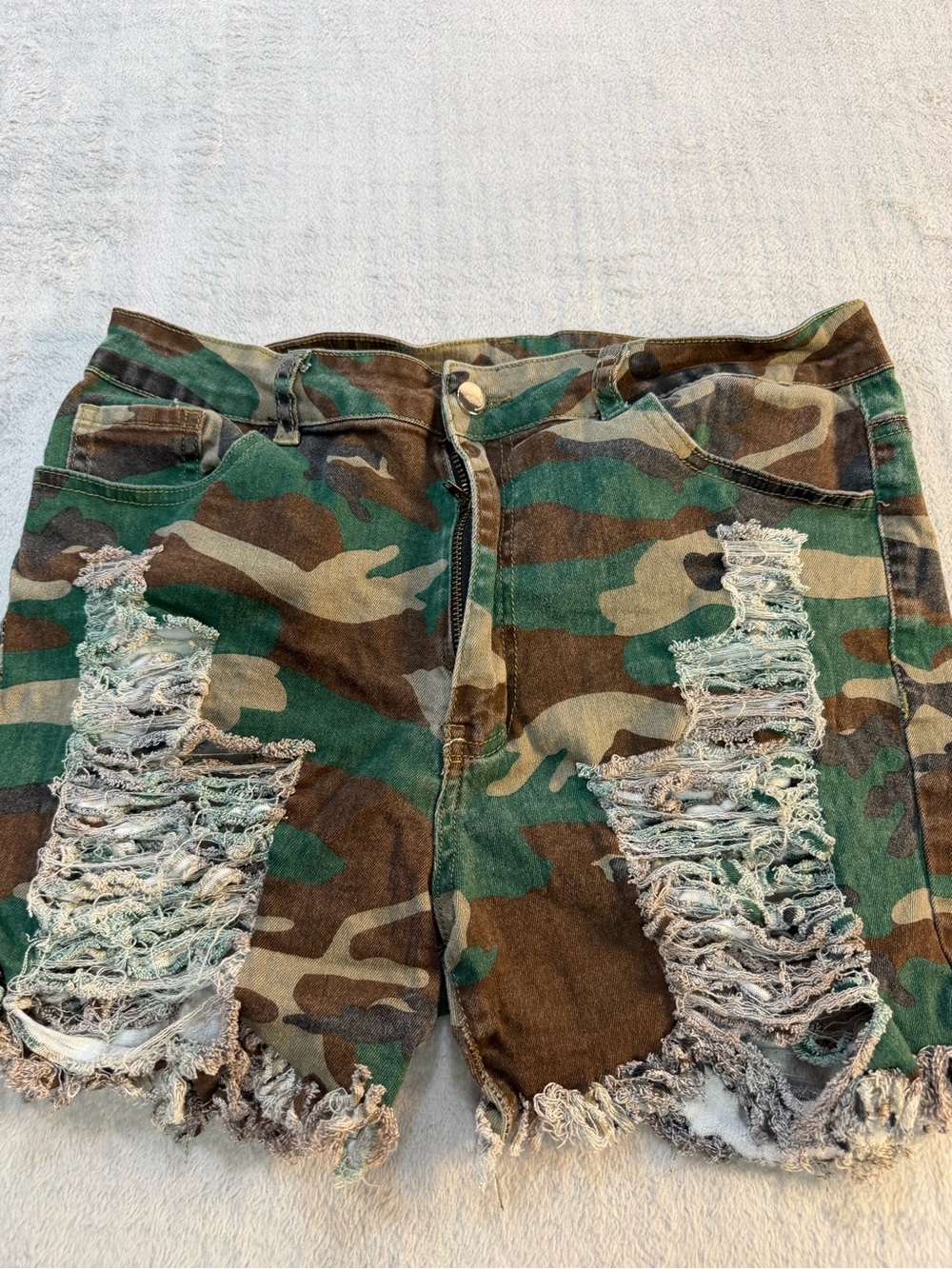 Camo Distressed Denim Shorts XXL Raw Hem Y2K Streetwear Festival